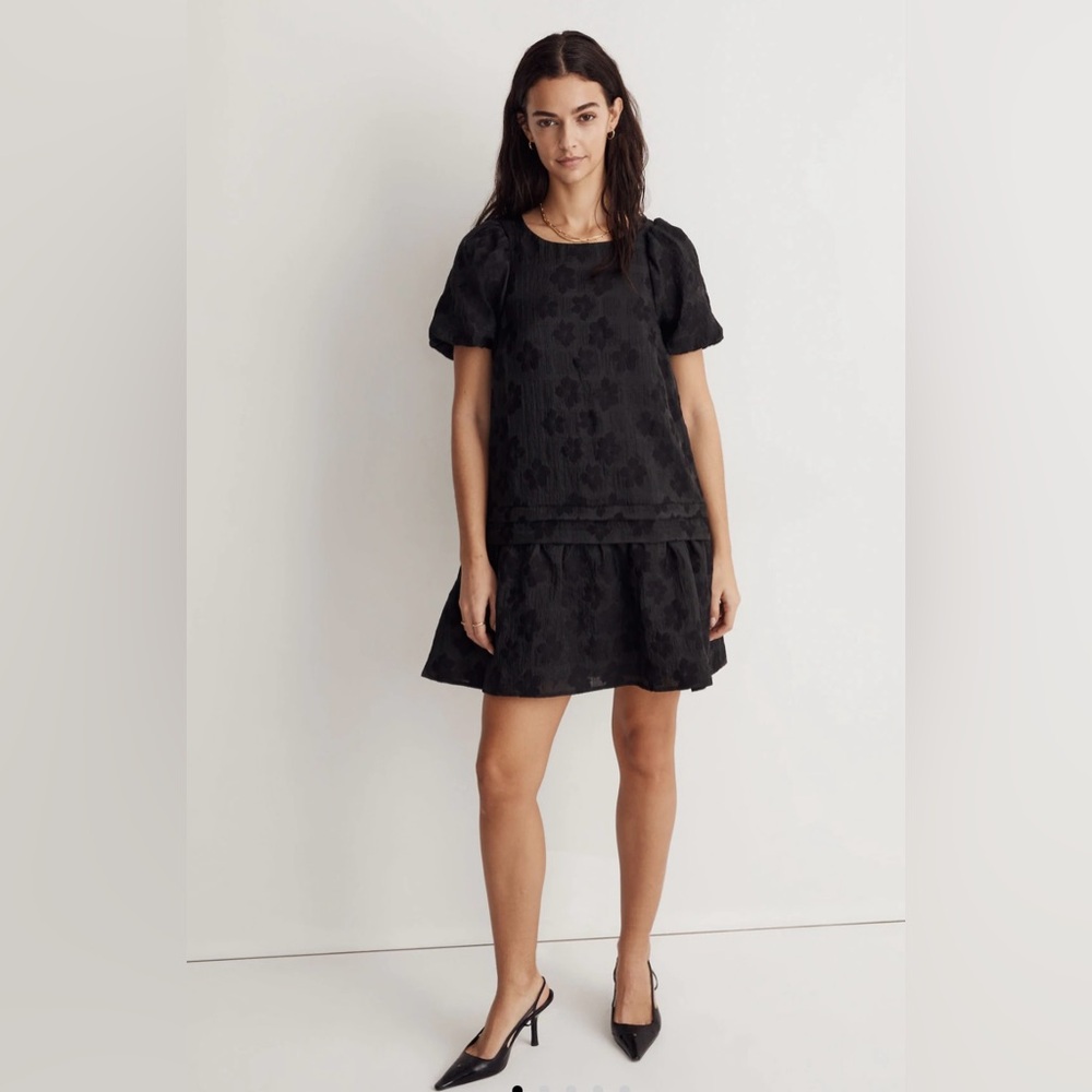 Madewell Puff-Sleeve Pleated Black Mini Dress in Floral Jacquard Medium